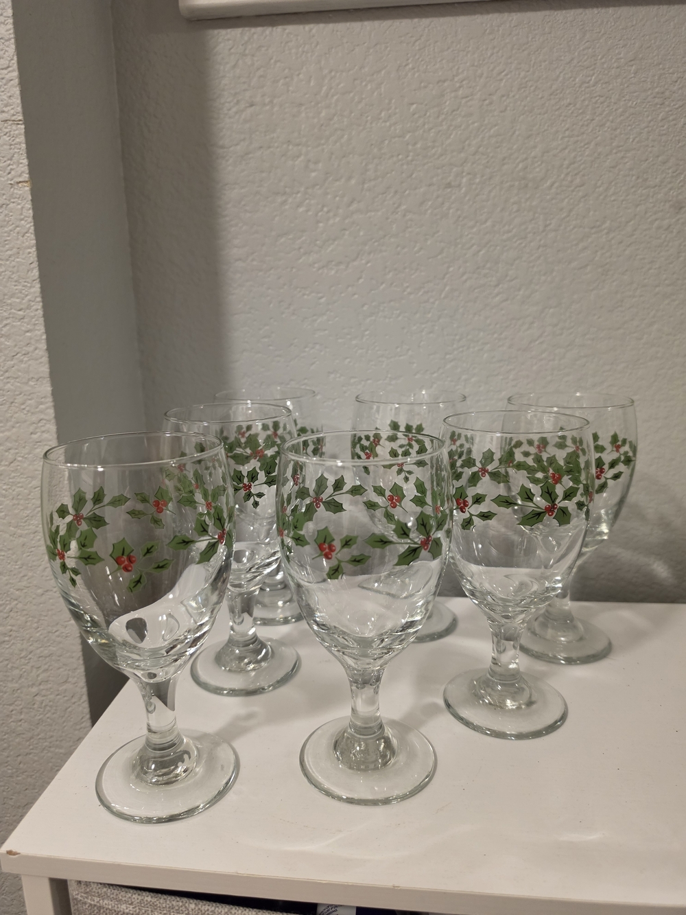 Vintage Libbey Holiday Holly Stemmed Goblets - Clear with Green and Red Accents
